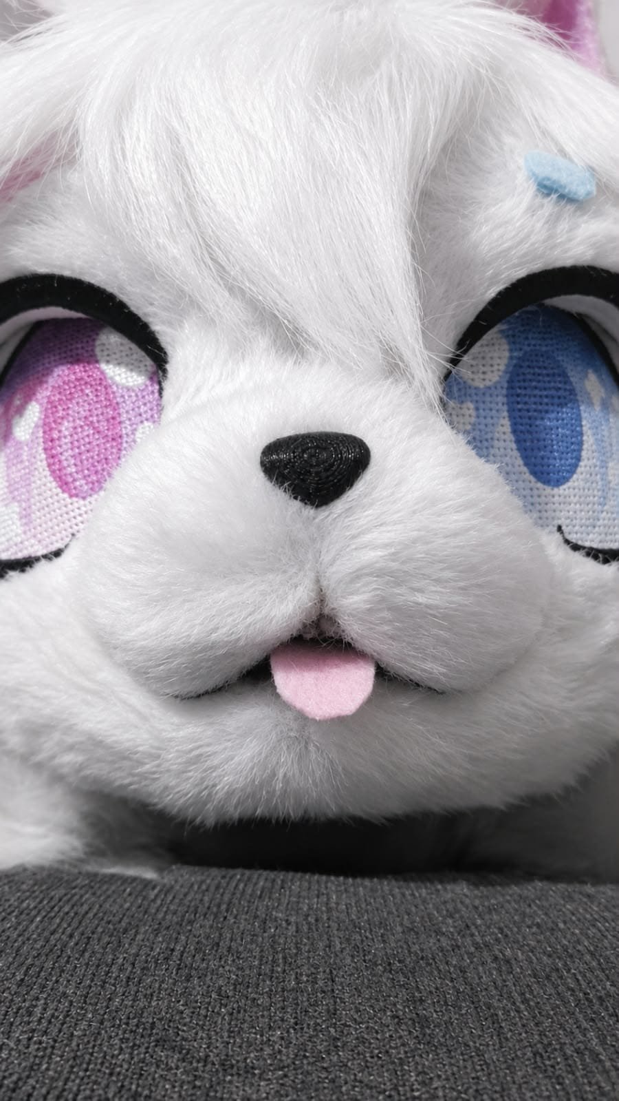 Primer plano de cabeza de fursuit blanca tipo gato con heterocromía, un ojo rosa y uno azul.