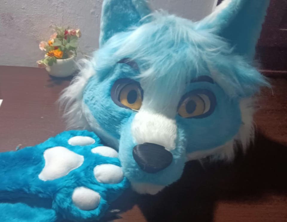Cabeza de fursuit zorro celeste y blanco con mechón naranja, junto a flores.