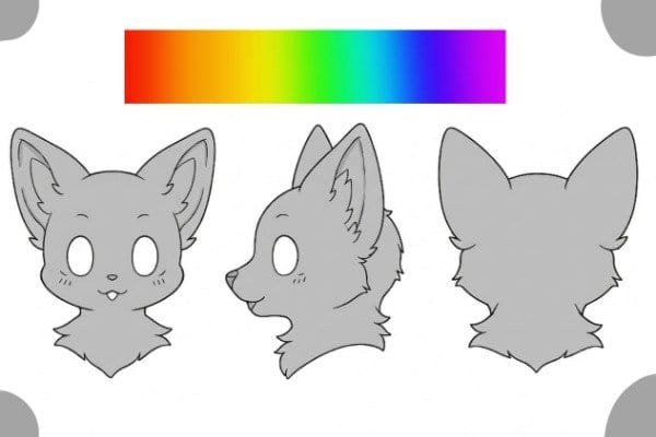 Ficha de referencia de una cabeza personalizada: vista frontal, lateral y trasera con paleta de colores.