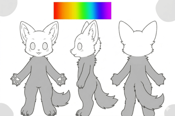 Ficha de referencia de un cuerpo de fursuit sin cabeza, con paleta de colores.