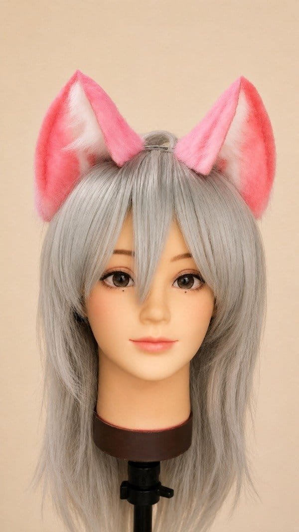 Orejas de fursuit rosas sobre base con peluca gris.
